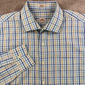 Peter Millar Mens XL Blue Tan Plaid Button Down Long Sleeve Dress Shirt - EUC
